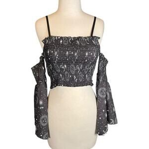 Vintage Romwe Sun & Moon Graphic Cold Shoulder Mesh Top Black & White Size Large